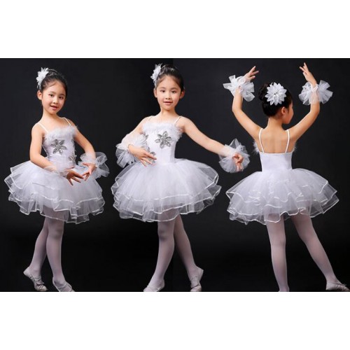 Girls swan lake ballet dresses kids children white color modern dance stage performance photos party competition tutu  dresses